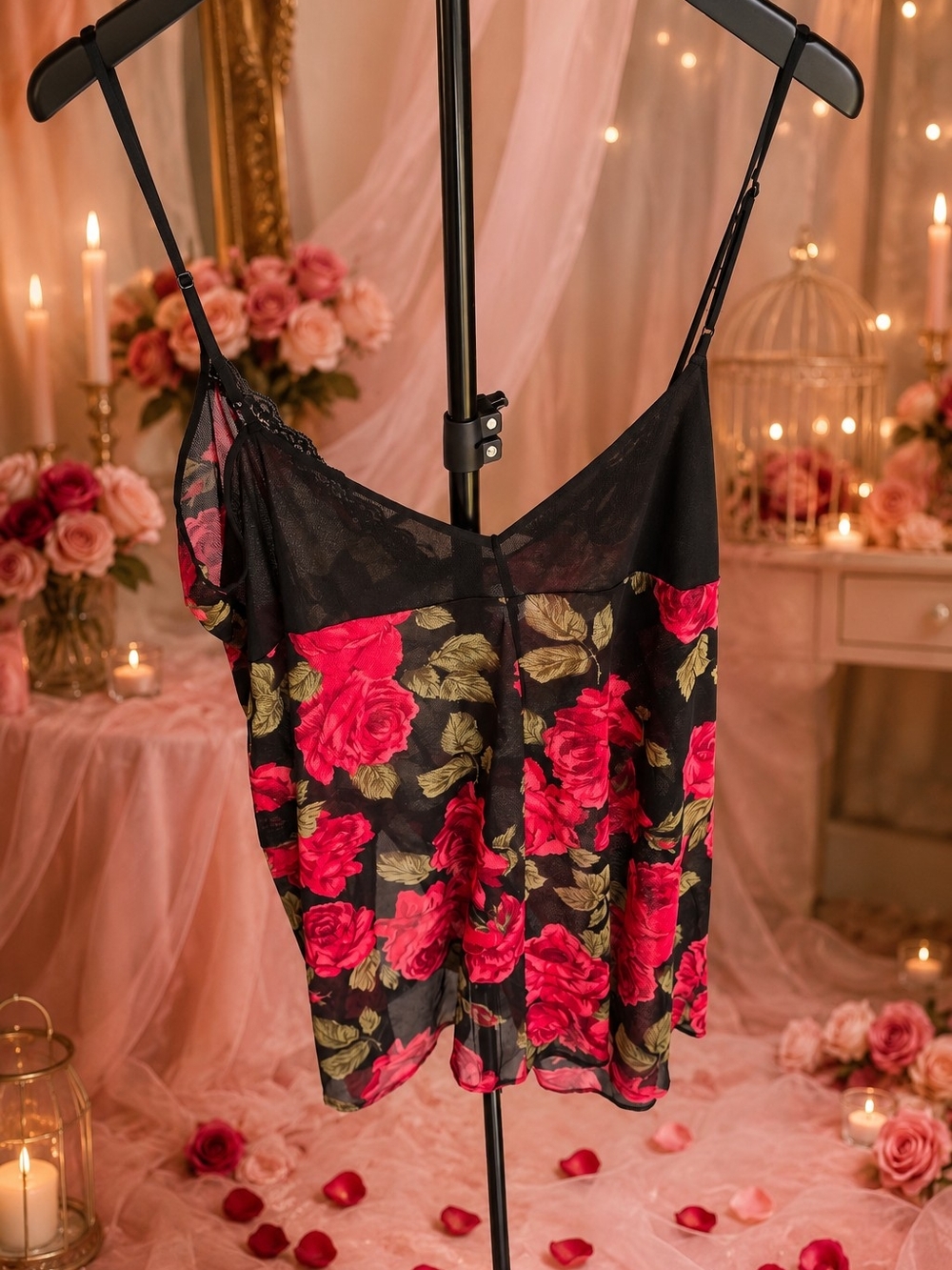 Floral Lace-Trim Slip Camisole - Black with Red Rose Print